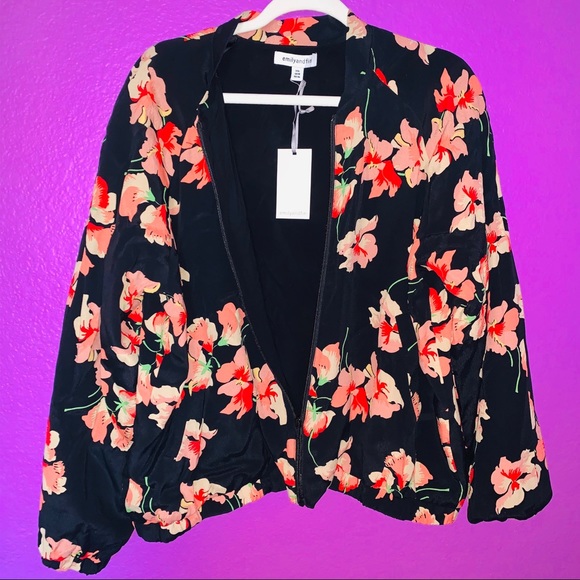 Silk Coral Red & Black Floral Bomber Jacket NWT 14 - Picture 4 of 8